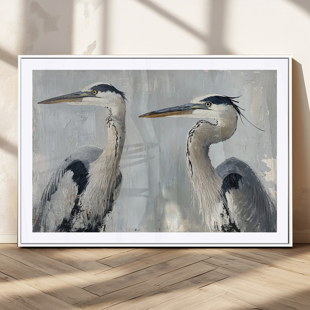 Two elegant herons in profile with soft brush strokes and blue-grey tones, ideal for serene, coastal, or minimalist interior decor.