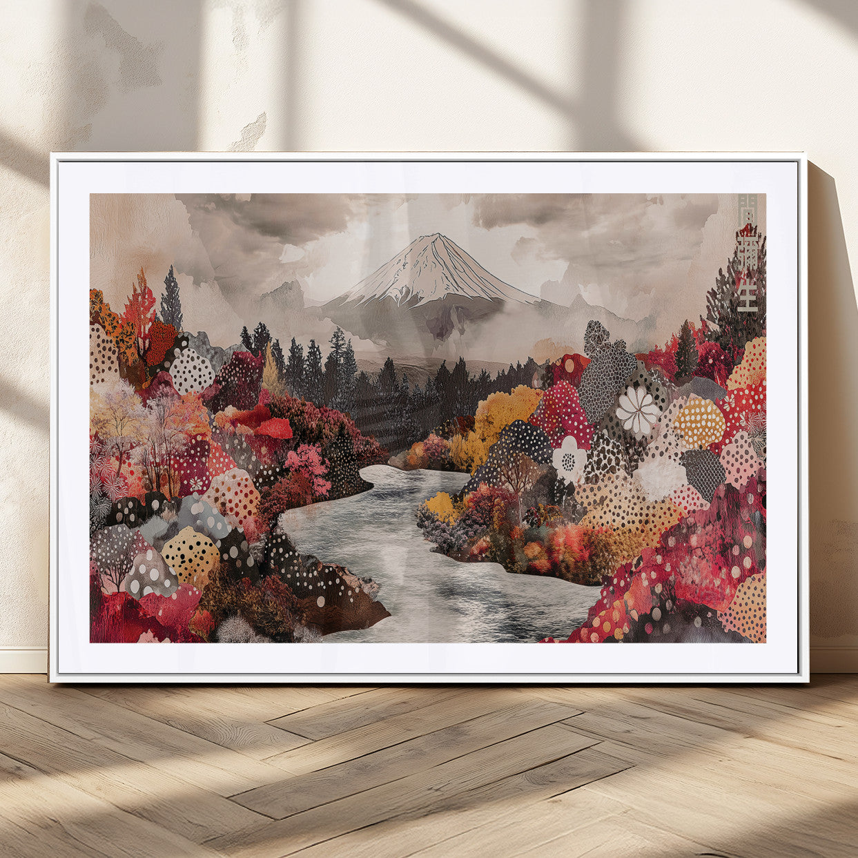 A whimsical mountain landscape with floral autumn trees, river, and misty peak, ideal for cozy, cottagecore, and nature-inspired wall decor.