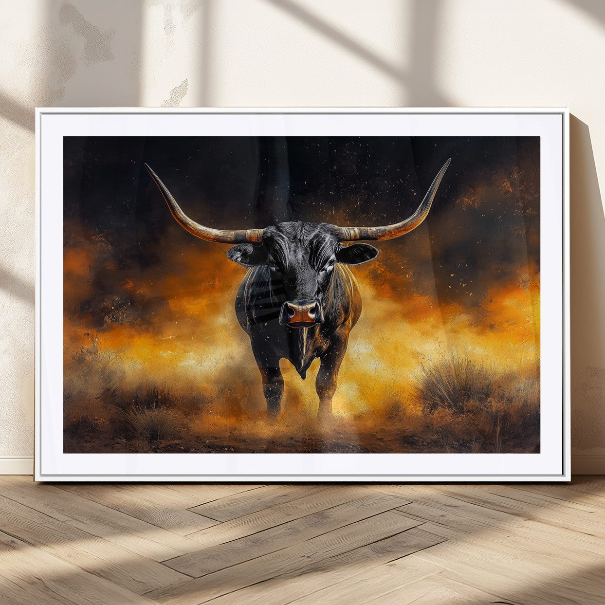 MGC-FP-36x24 - Longhorn Canvas Wall Art Canvas Print, Framed Bold Bull Wall Art Art Picture Print, Western Animal Decor Perfect Western Dramatic Decor Artwork