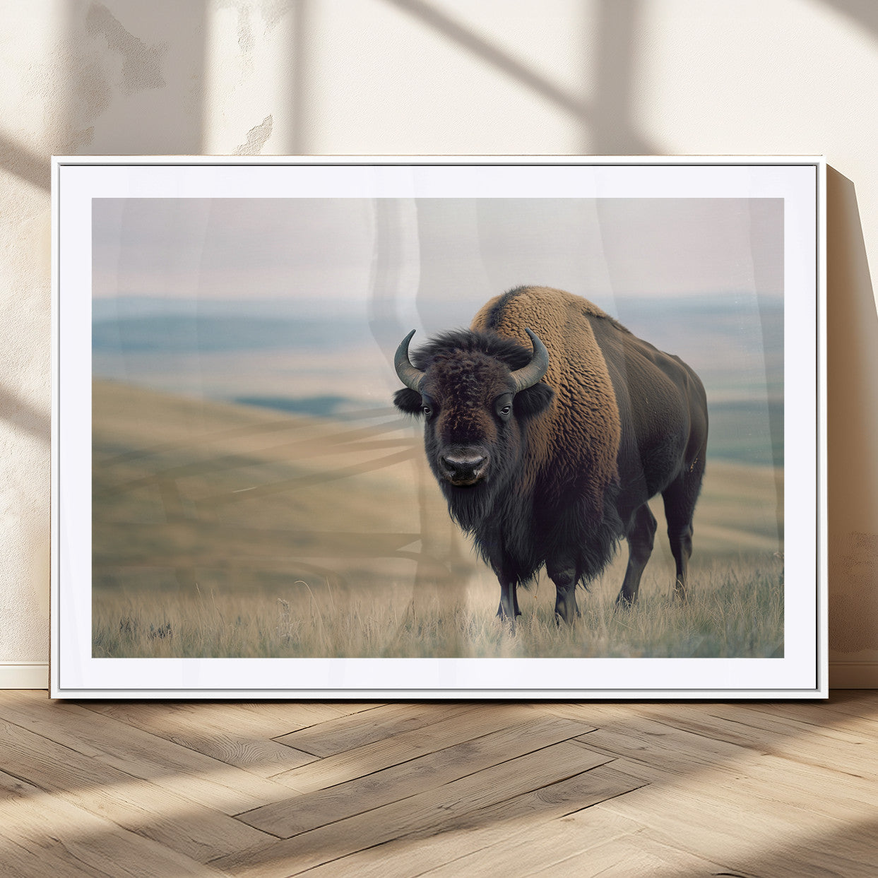 A bison standing strong on a grassy prairie with rolling hills in the background, perfect for rustic and Western-inspired wall decor.