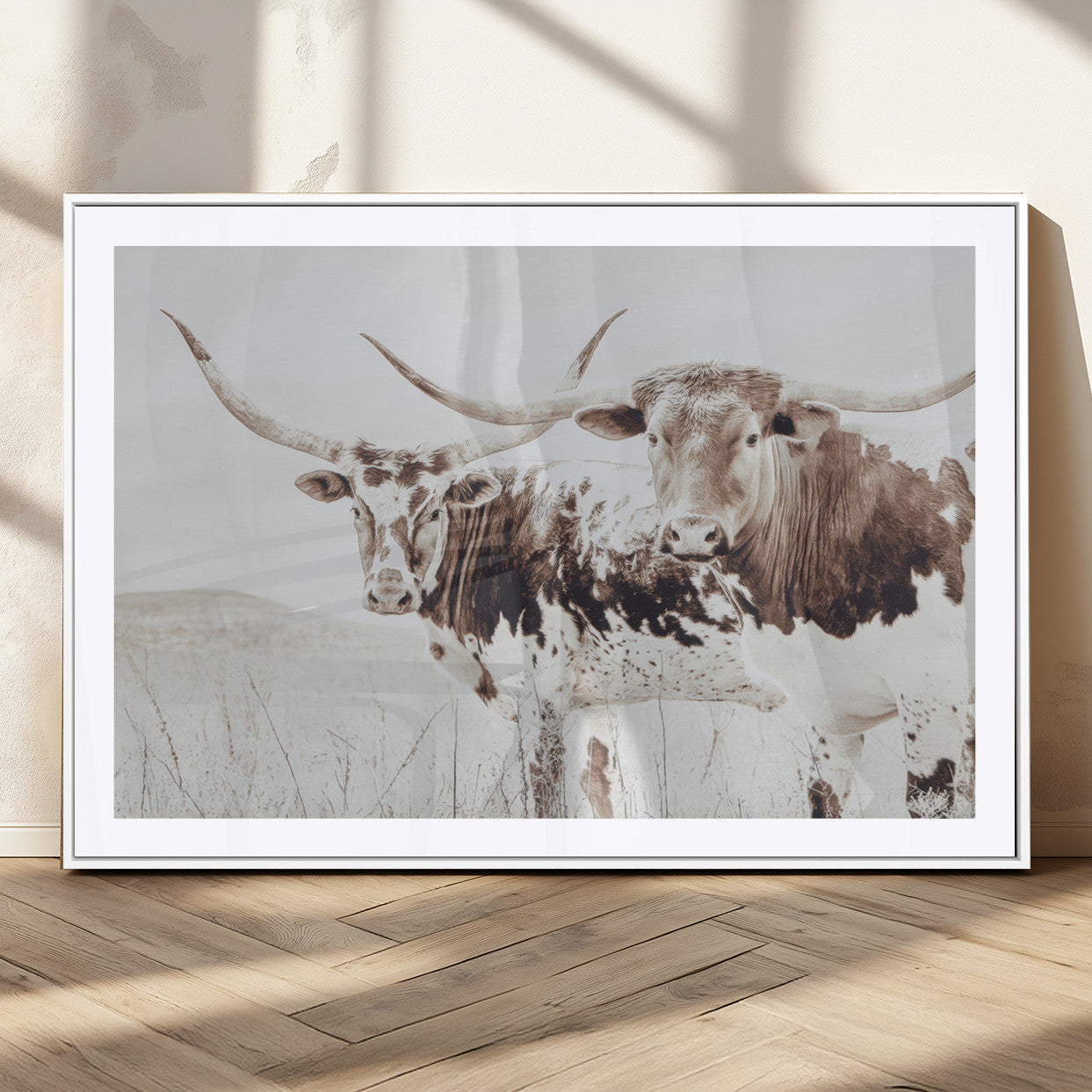 Two longhorn cattle standing in a dry grassy field with neutral tones, creating a rustic and farmhouse-inspired Western aesthetic.
