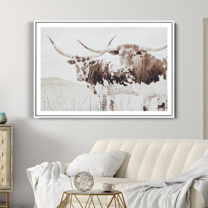 Longhorn Wall Art Wall Art Canvas Print, Western Cow Canvas Print, Framed Rustic Farm Decor Art Print, Large Neutral Animal Scene Printing