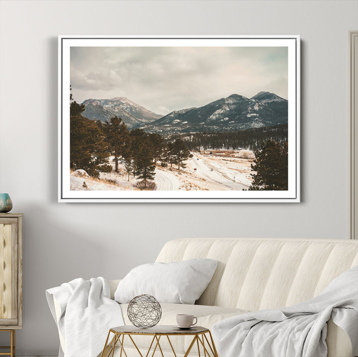 Mountain Landscape Wall Art Canvas Print, Framed Snowy Peaks Art Picture Print, Alpine Aesthetic Perfect Rustic Winter Decor Artwork
