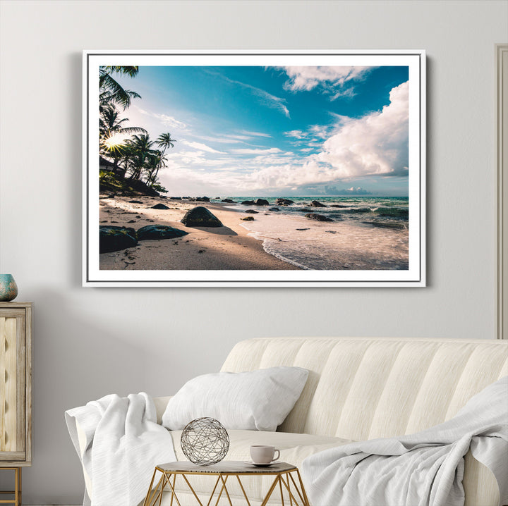Tropical Beach Wall Art Canvas Print, Framed Ocean Waves Art Picture Print, Relaxing Seascape Perfect Tropical Coastal Decor Artwork