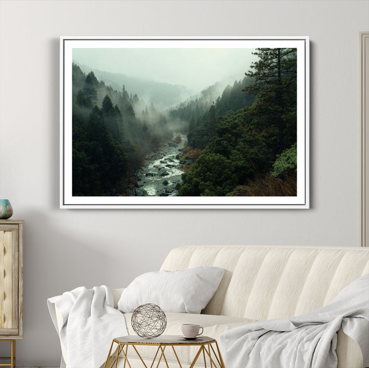 Misty Forest Wall Art Canvas Print, Framed Foggy River Art Picture Print, Moody Landscape Perfect Wilderness Decor Artwork