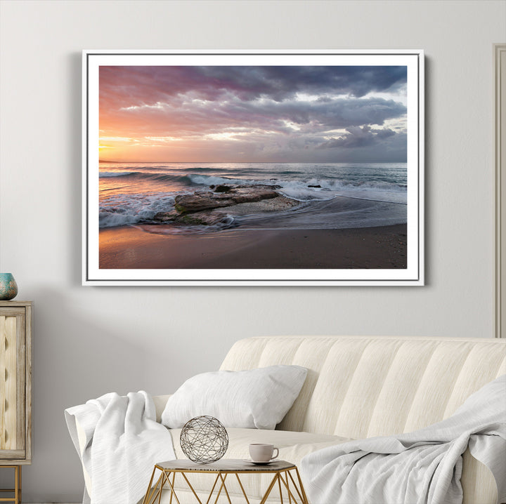 Golden Hour Wall Art Canvas Print, Framed Tranquil Waves Art Picture Print, Beach Perfect Coastal Serenity Decor Artwork