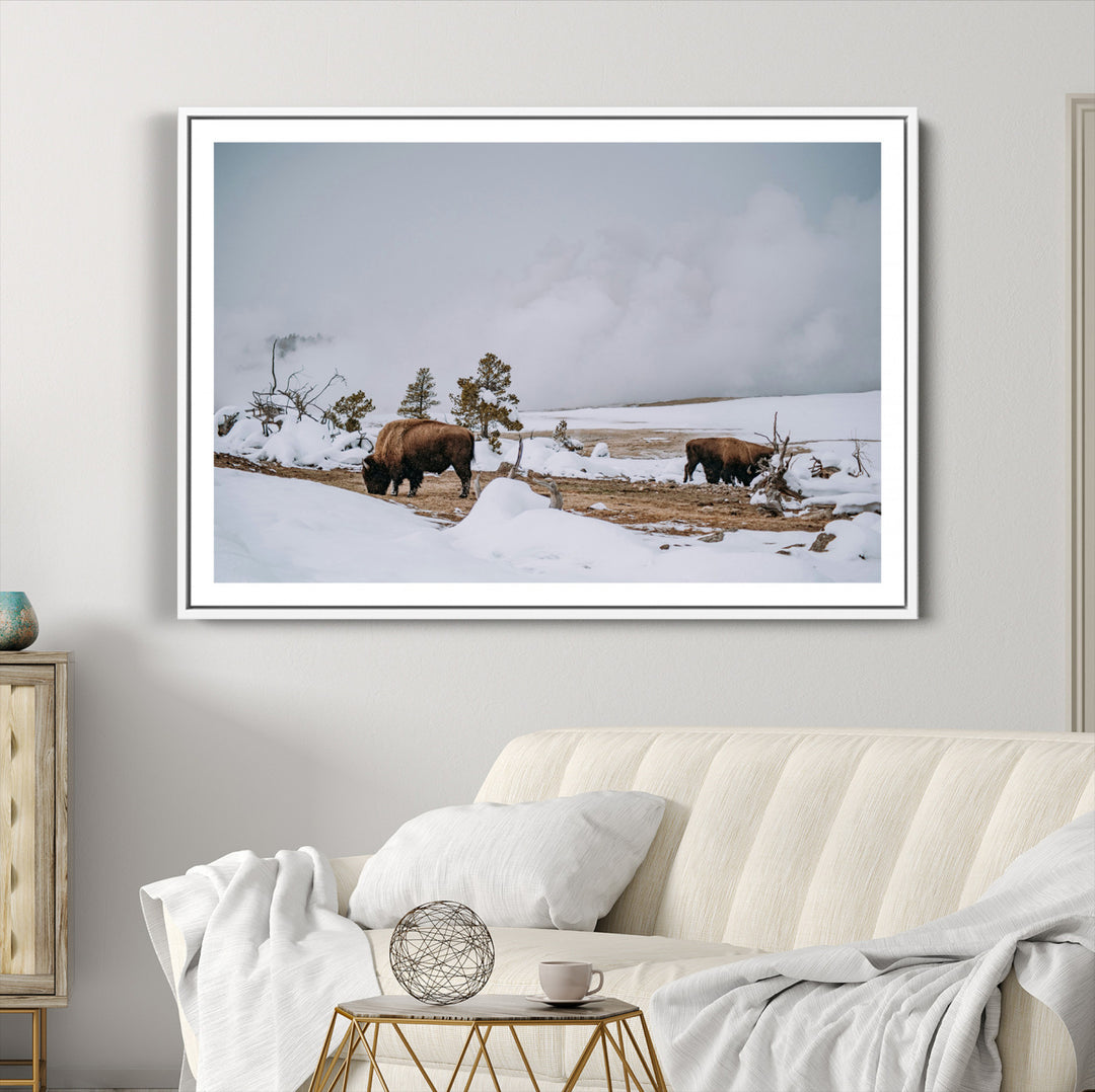 Bison Wildlife Wall Art Canvas Print, Framed Snowy Prairie Art Picture Print, Western Perfect Rustic Decor Artwork
