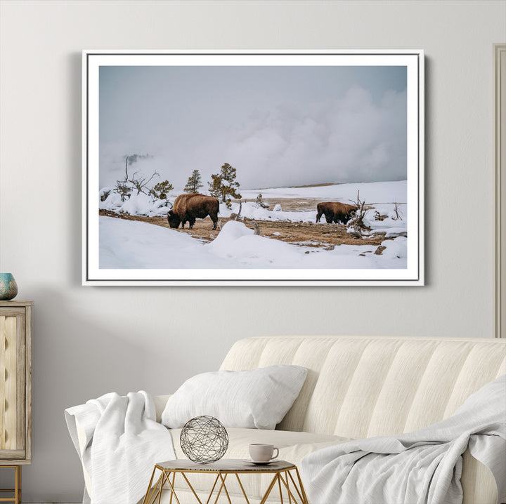 Bison Wildlife Wall Art Canvas Print, Framed Snowy Prairie Art Picture Print, Western Perfect Rustic Decor Artwork