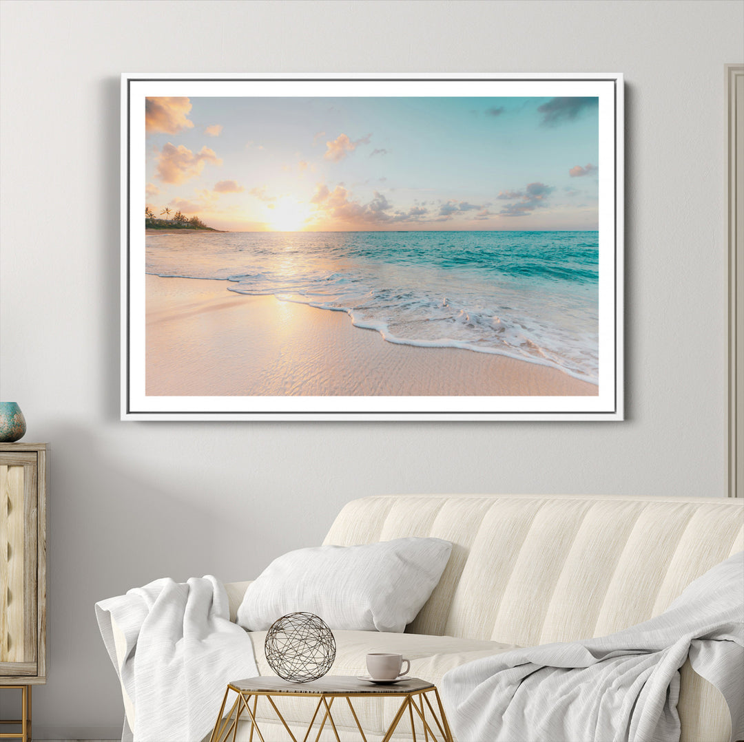 Beach Sunset Wall Art Canvas Print, Framed Ocean Waves Art Picture Print, Summer Escape Perfect Coastal Decor Artwork