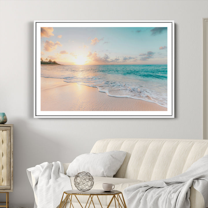 Beach Sunset Wall Art Canvas Print, Framed Ocean Waves Art Picture Print, Summer Escape Perfect Coastal Decor Artwork