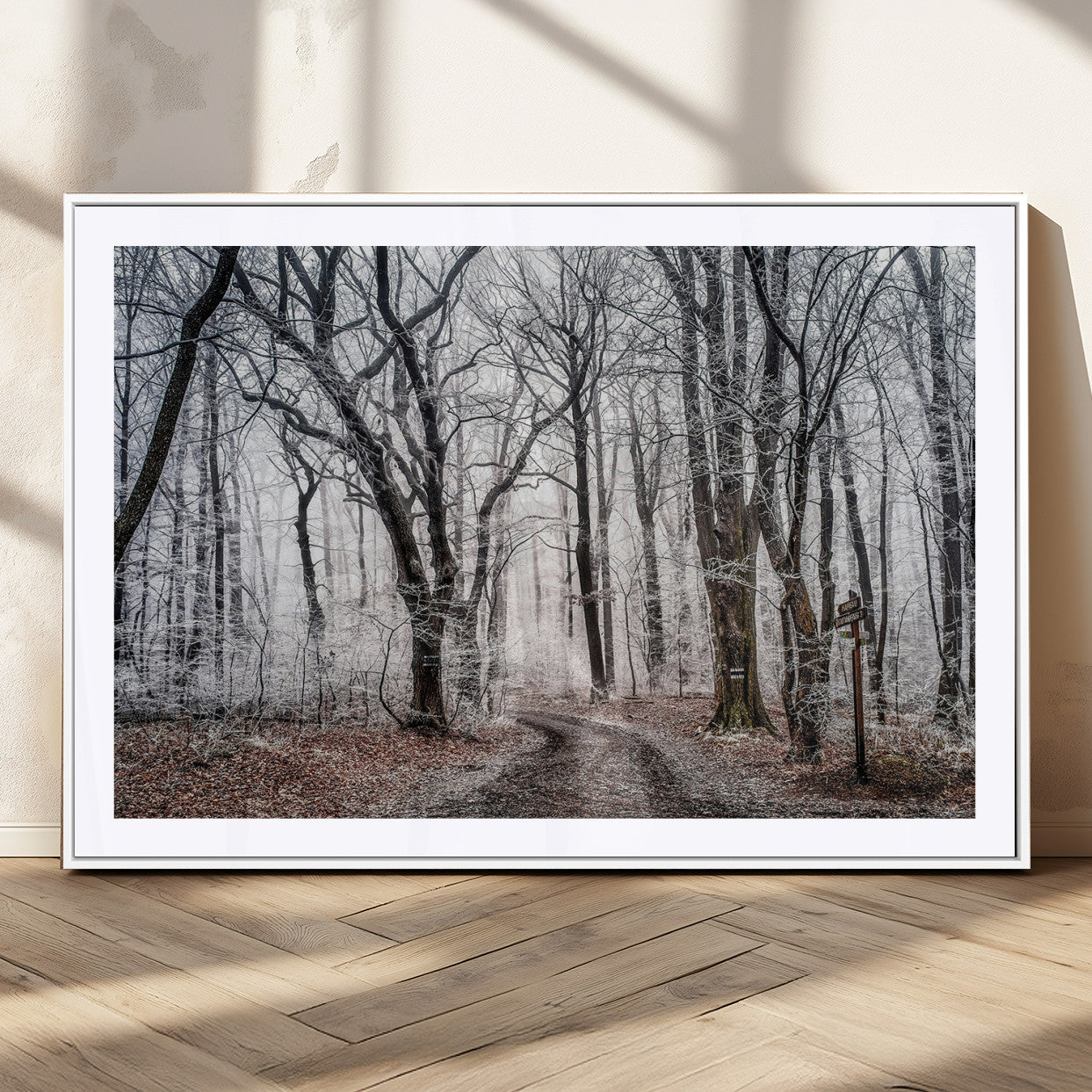 Snow-covered trees in a misty winter forest with a winding path, creating a serene and mysterious atmosphere, perfect for nature-inspired wall art.