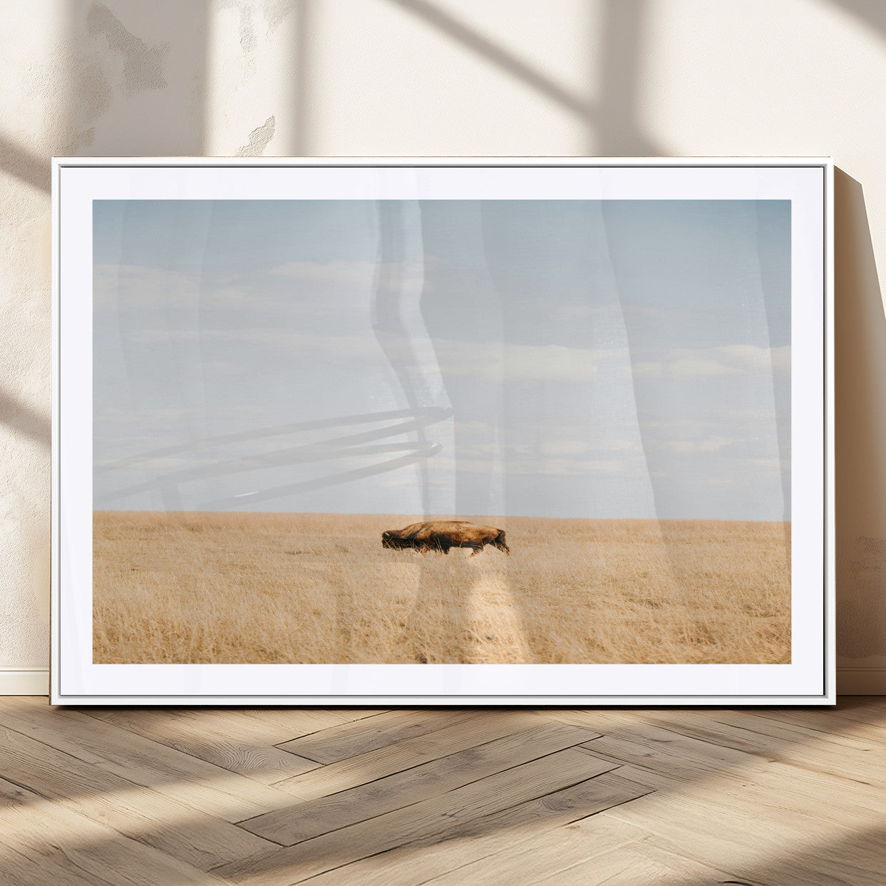 MGC-FP-36x24 - Minimalist Nature Wall Art Canvas Print, Framed Bison In Grassland Art Picture Print, Open Field Perfect Modern Ranch Decor Decor Artwork