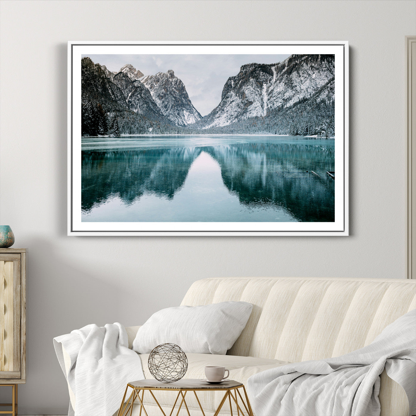 73098373-MGC-FP-36x24_White-Mountain Lake Wall Art Canvas Print, Framed Wonderland Art Picture Print, Snowy Peaks Perfect Nature Decor Artwork