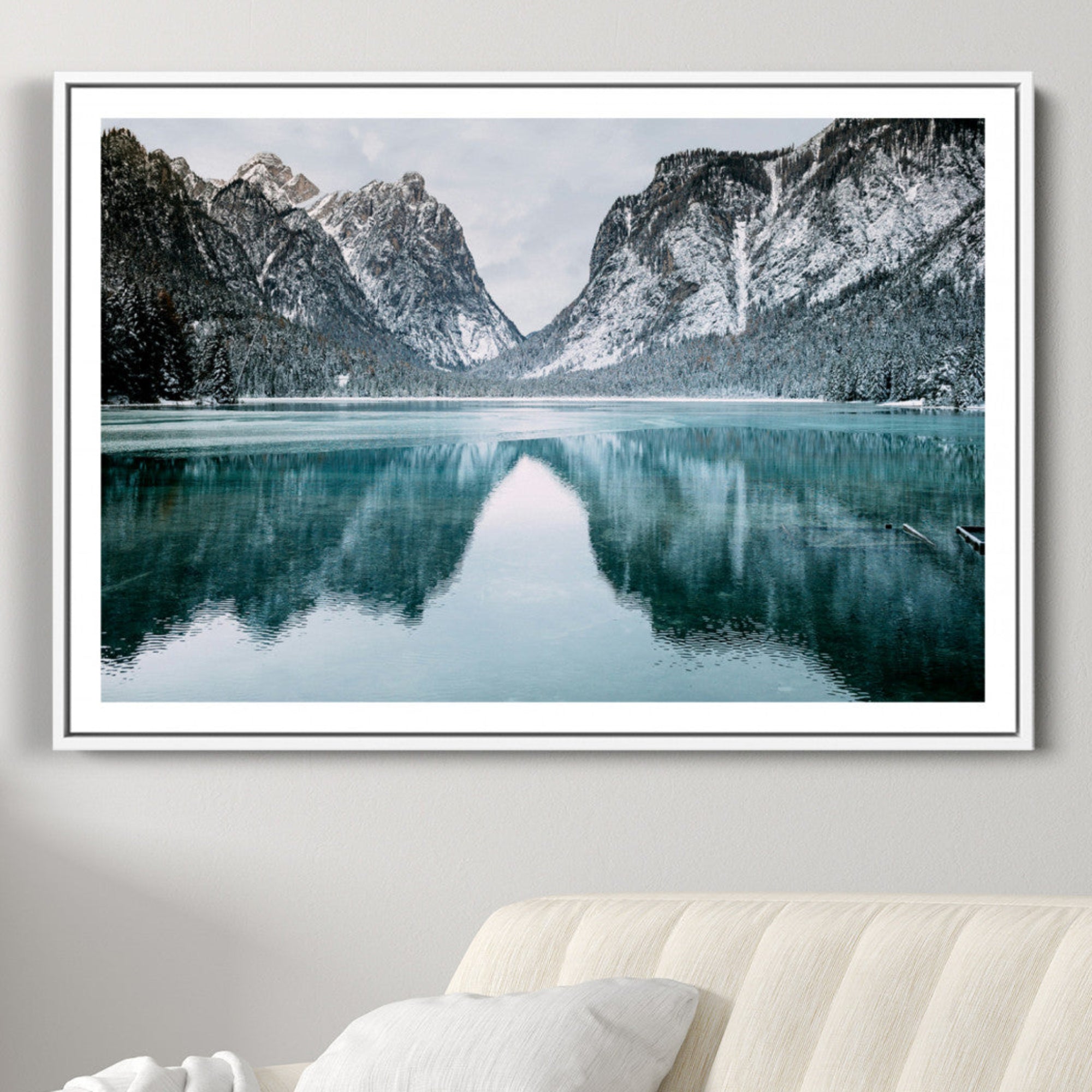 73098373-MGC-FP-36x24-Mountain Lake Wall Art Canvas Print – Snowy Peaks Winter Wonderland Scene Serene Nature Landscape Artwork for Home Office