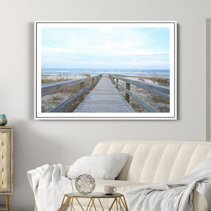 Beach Boardwalk Wall Art Canvas Print, Framed Coastal Serenity Art Picture Print, Ocean View Perfect Coastal Decor Artwork