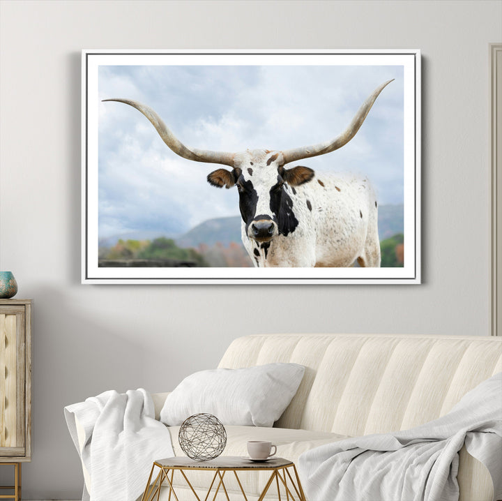 Texas Longhorn Wall Art Canvas Print, Framed Western Rustic Art Picture Print, Farmhouse Decor Perfect Farmhouse Decor Artwork