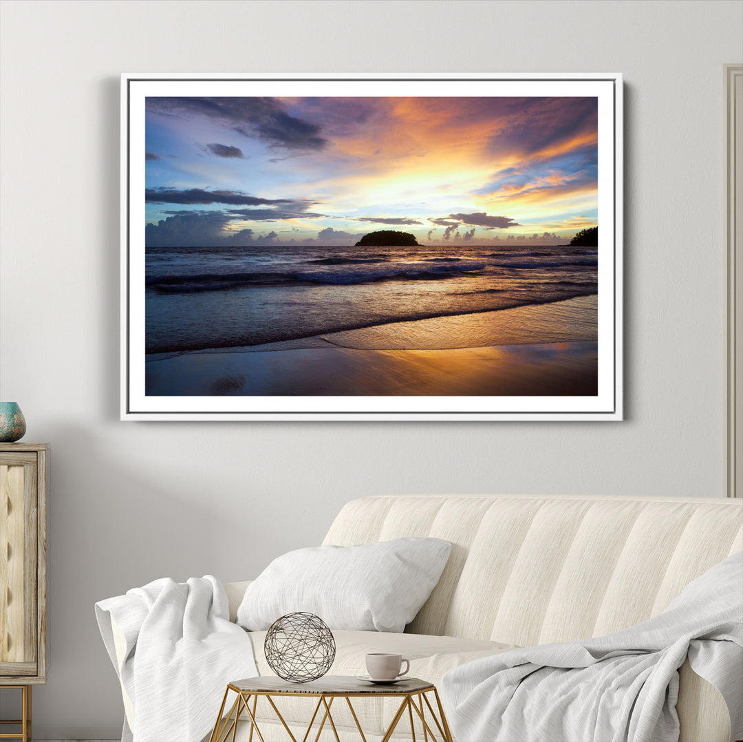 Beach Sunset Wall Art Canvas Print, Framed Ocean Waves Art Picture Print, Tropical Seascape Perfect Coastal Serenity Decor Artwork