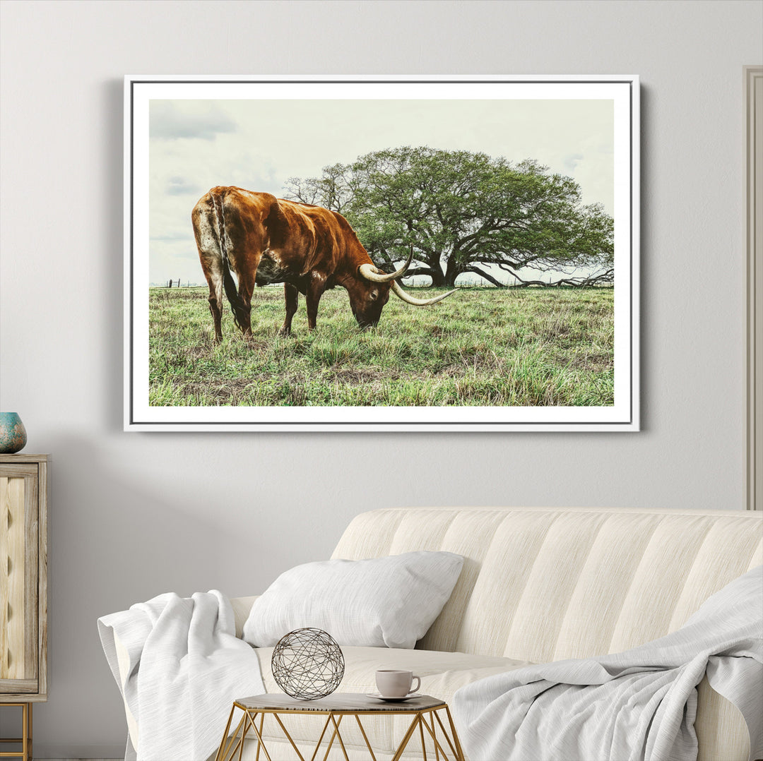 Texas Longhorn Wall Art Canvas Print, Framed Rustic Ranch Art Picture Print, Western Cattle Perfect Rustic Farmhouse Decor Artwork