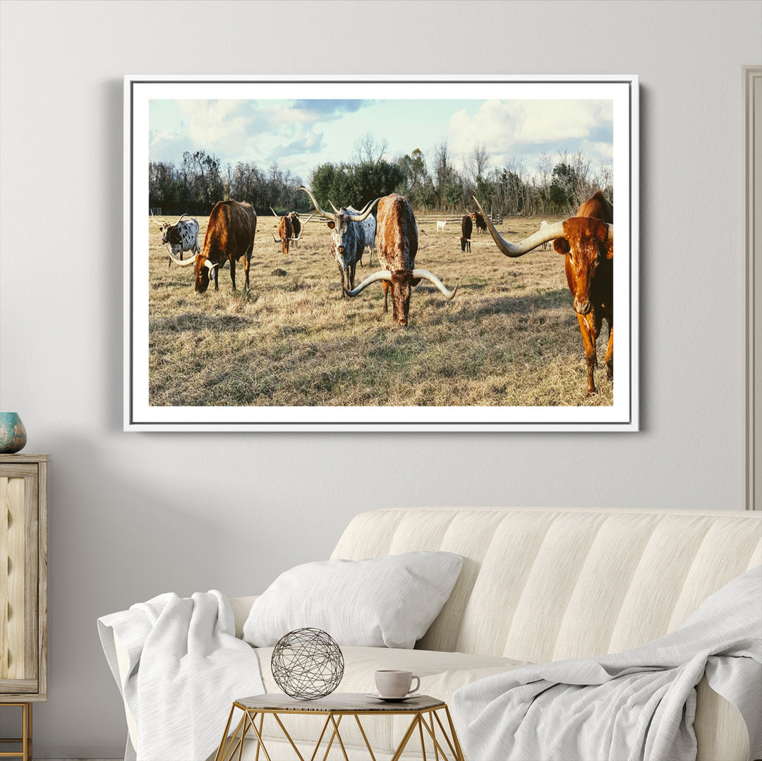 Texas Longhorns Wall Art Canvas Print, Framed Rustic Farm Scene Art Picture Print, Western Cattle Print Canvas Perfect Rustic Farmhouse