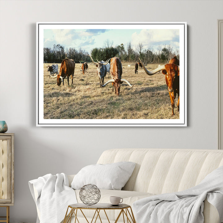 Texas Longhorns Wall Art Canvas Print, Framed Rustic Farm Scene Art Picture Print, Western Cattle Print Canvas Perfect Rustic Farmhouse