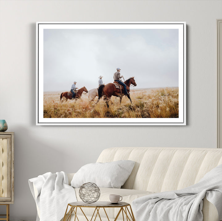 Western Cowboys Wall Art Canvas Print, Framed Rustic Prairie Art Picture Print, Horseback Riding Print Canvas, Perfect Rustic Western Decor