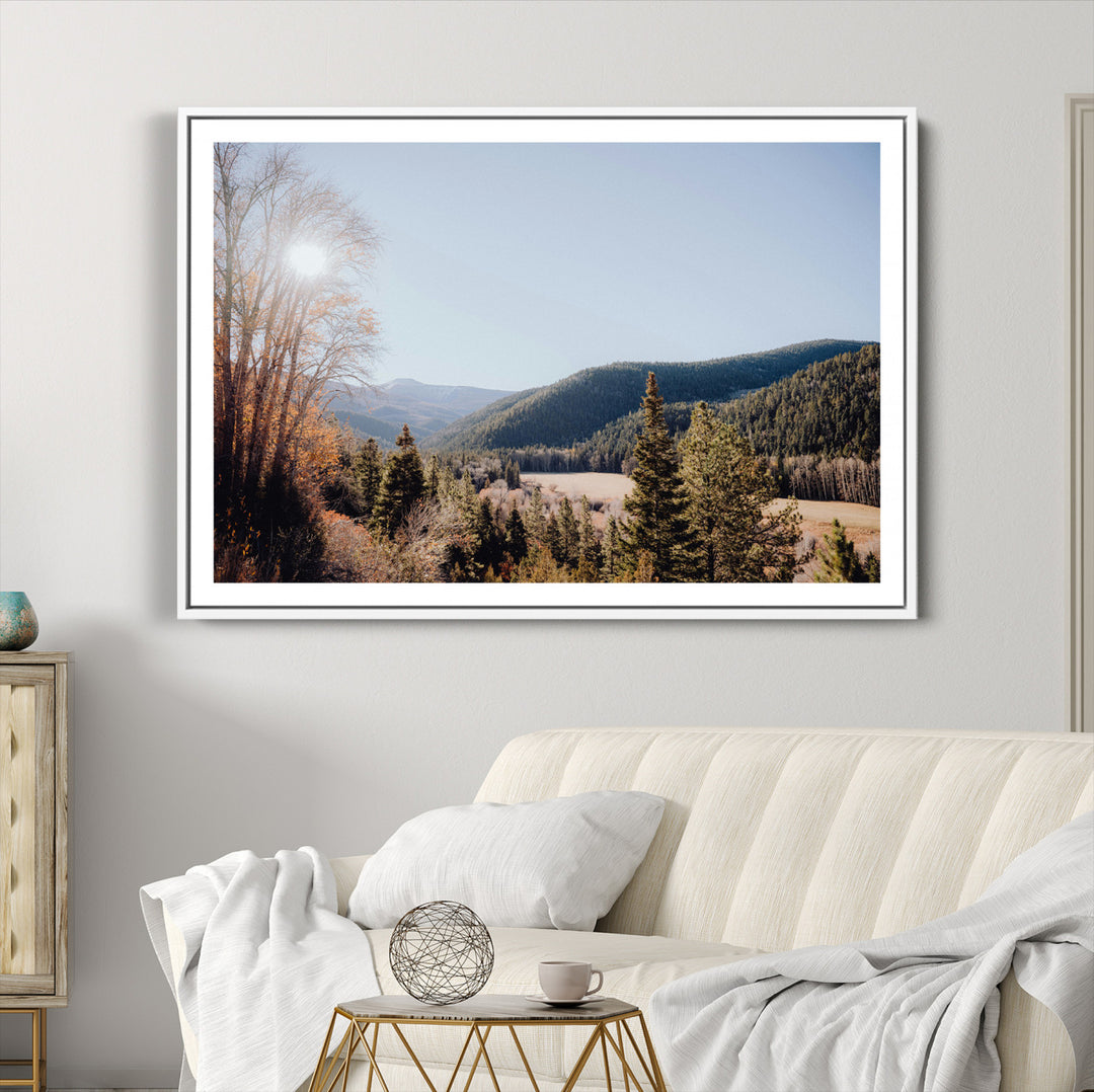 Rustic Landscape Wall Art Canvas Print, Framed Serene Valley Art Picture Print, Pine Tree Horizon Perfect Rustic Cabin Decor Artwork