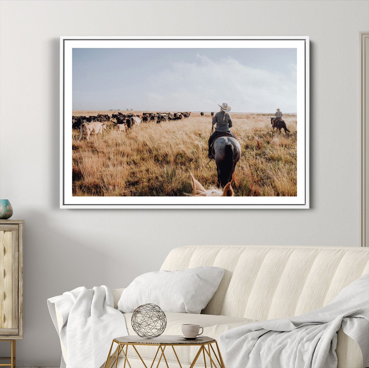 22431577-MGC-FP-36x24-Western Wall Art Canvas Print – Framed Cowboy Cattle Drive Scene Rustic Ranch Landscape Artwork for Home Office