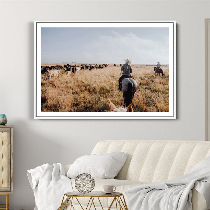 Western Wall Art Wall Art Canvas Print, Framed Cowboy Canvas Art Picture Print, Cattle Drive Scene Perfect Rustic Western Decor Artwork