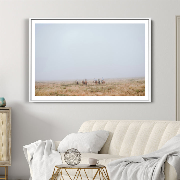 Foggy Plains Wall Art Canvas Print, Framed Horseback Riders Art Picture Print, Rustic Western Perfect Rustic Western Decor Artwork