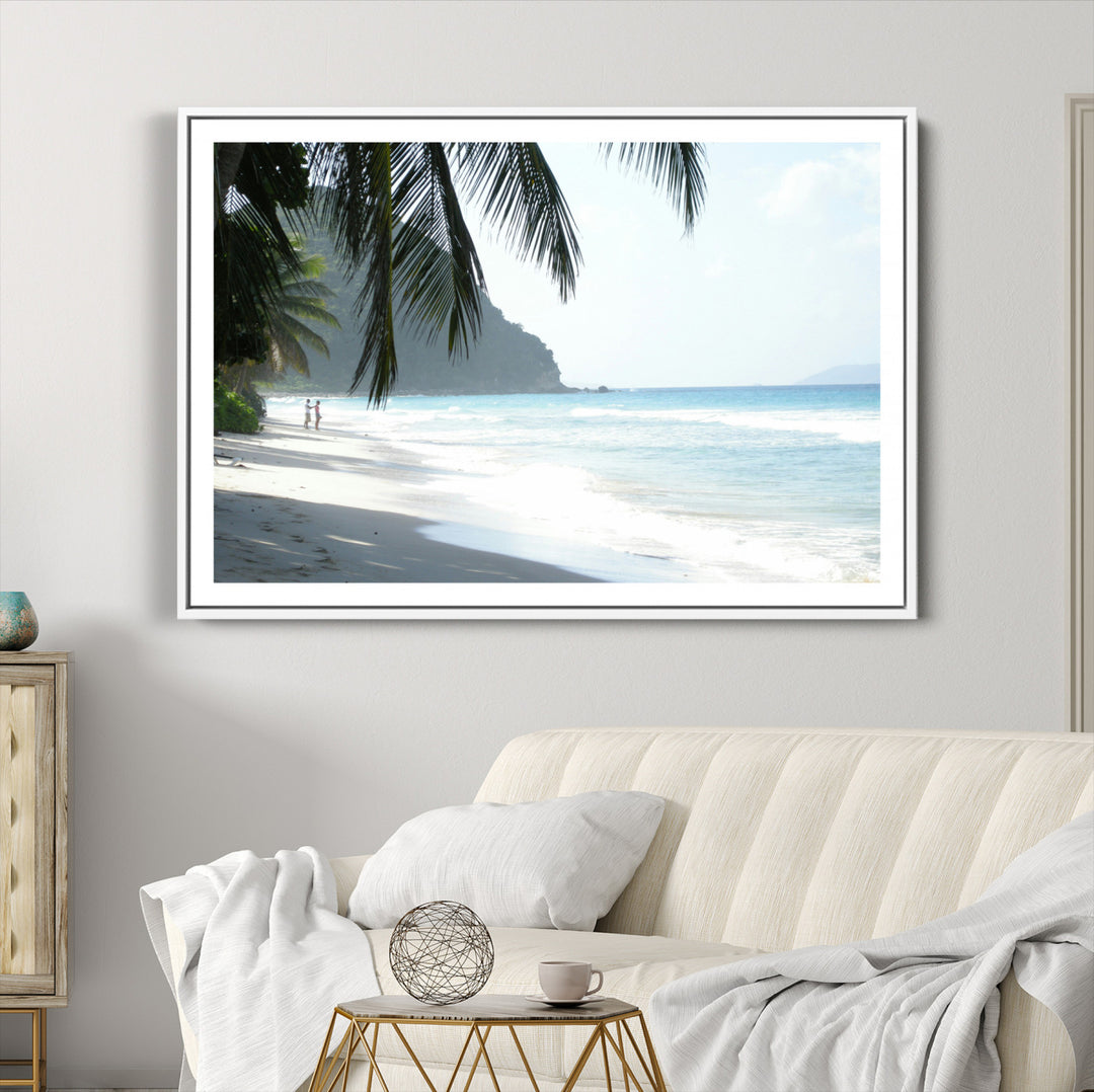 Tropical Beach Wall Art Canvas Print, Framed Serene Ocean Art Picture Print, Palm Tree Shadows Perfect Tropical Coastal Decor Artwork
