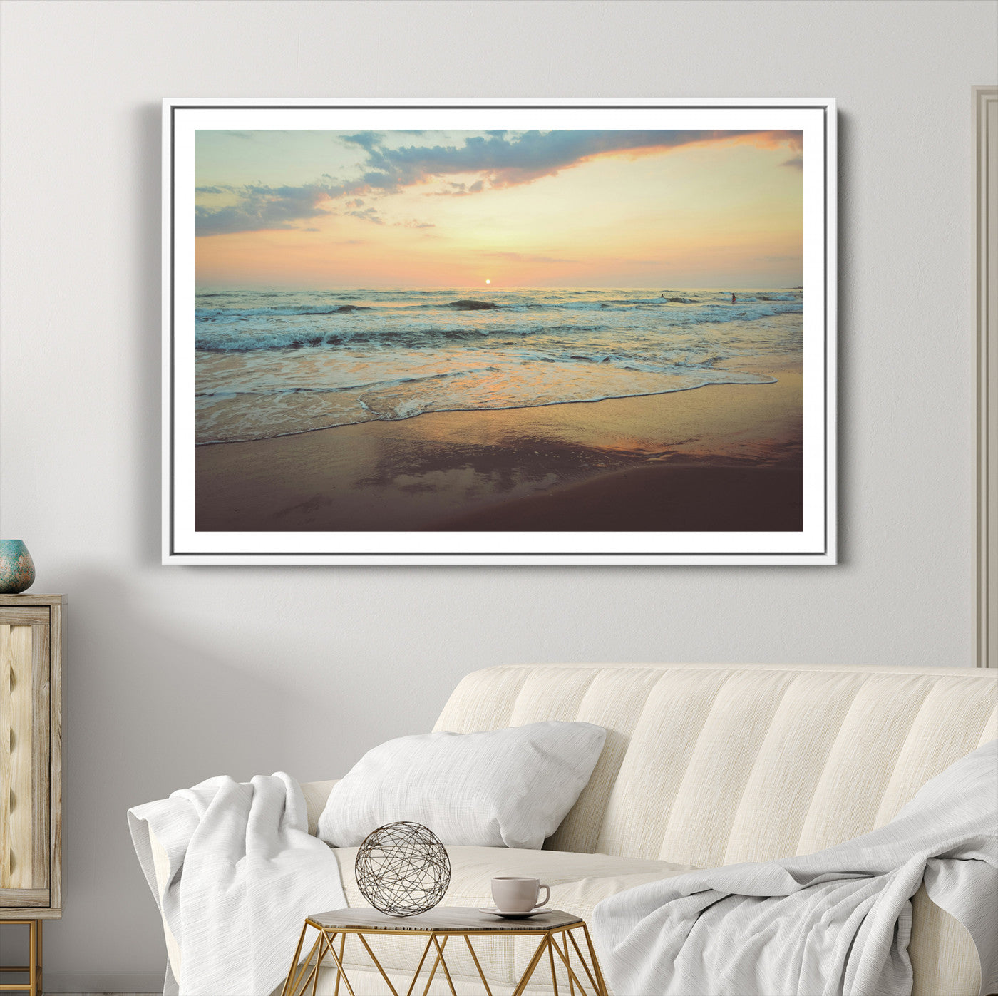 15261505-MGC-FP-36x24-Sunset Seascape Wall Art Canvas Print – Framed Pastel Ocean View Tranquil Beach Scene Nature Artwork for Home Office