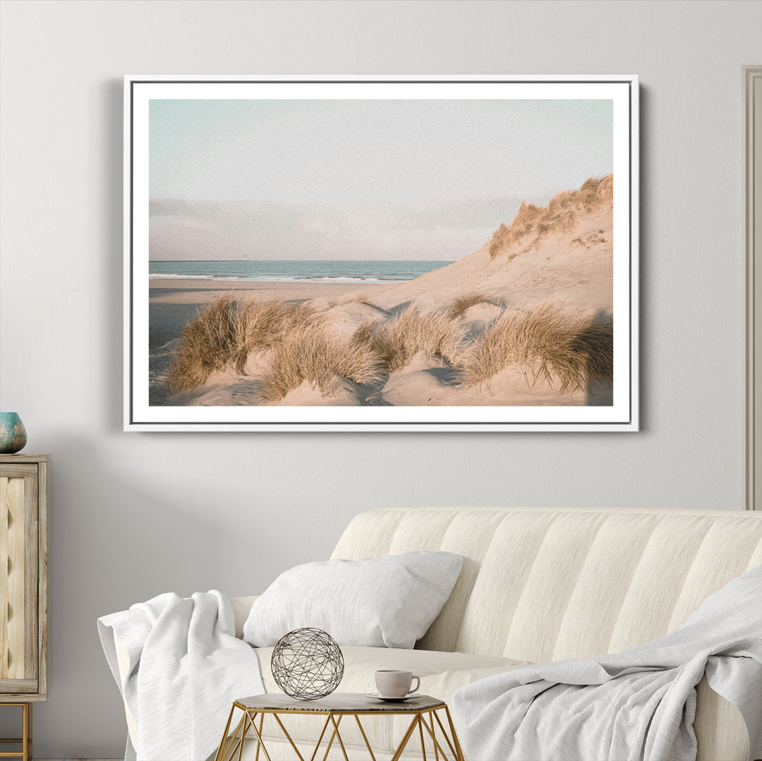 Minimalist Seascape Wall Art Canvas Print, Framed Neutral Beach Print Art Picture Print, Sand Dune Photography Perfect Scandinavian Coastal