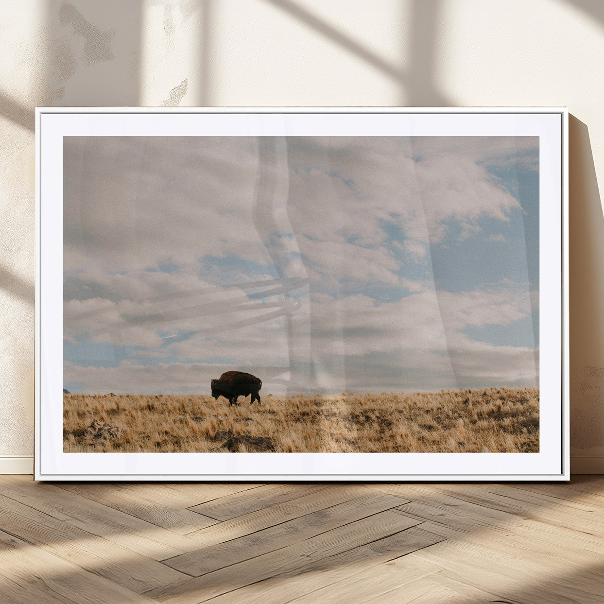 A solitary bison walking across a golden prairie under a vast, cloud-filled sky, evoking a peaceful, rustic western landscape for home decor.
