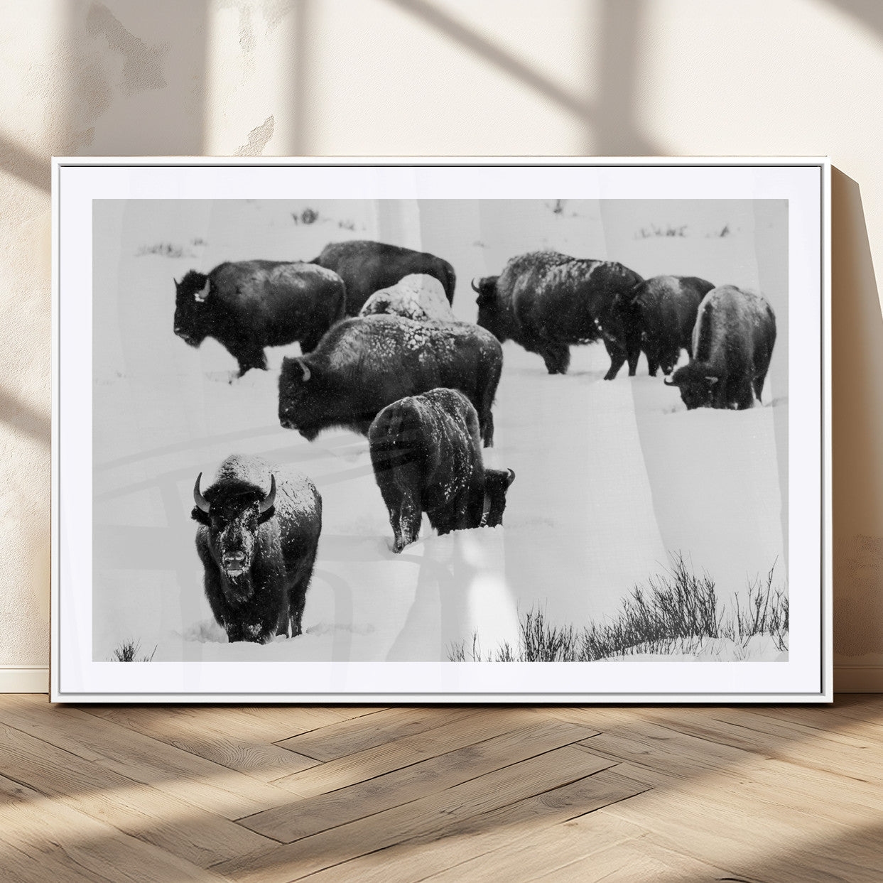 Black and white photograph of a bison herd in a snowy landscape, with snow-covered fur and a rugged wilderness setting, perfect for rustic lodge decor.