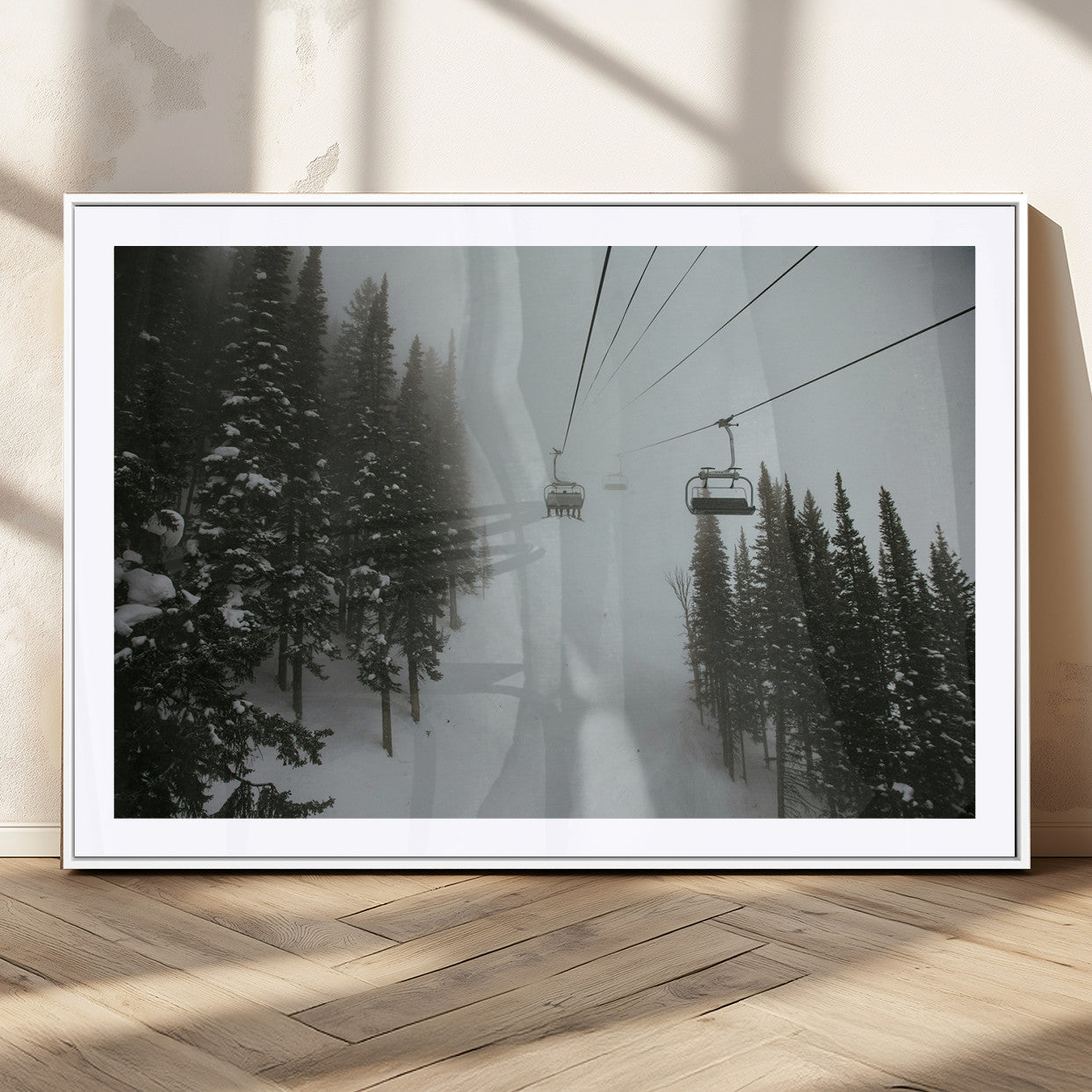 MGC-FP-36x24 - Ski Lift Wall Art Canvas Print, Framed Snowy Pines Art Picture Print, Misty Landscape Perfect Winter Serenity Decor Artwork