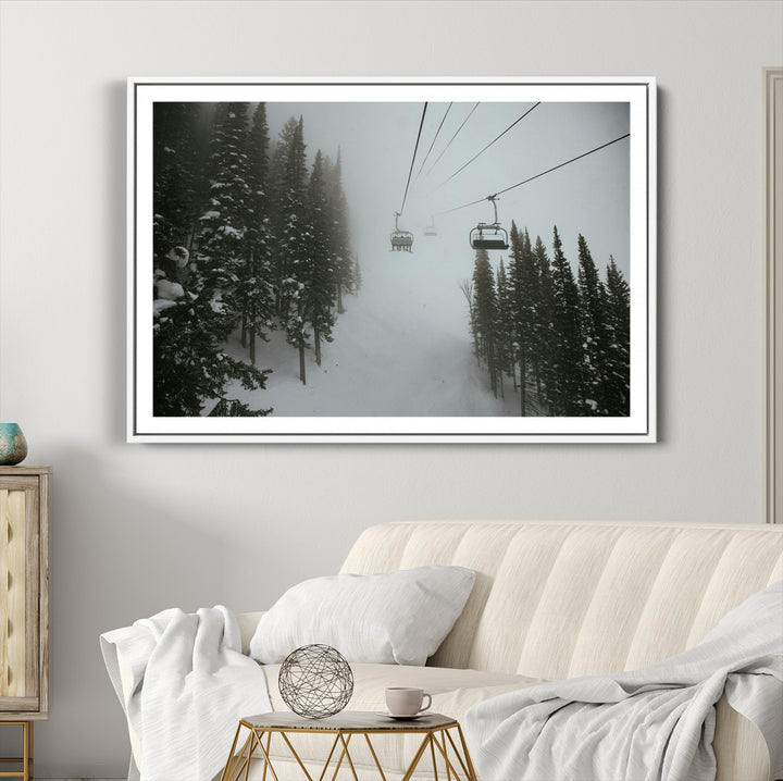 Ski Lift Wall Art Canvas Print, Framed Snowy Pines Art Picture Print, Misty Landscape Perfect Winter Serenity Decor Artwork