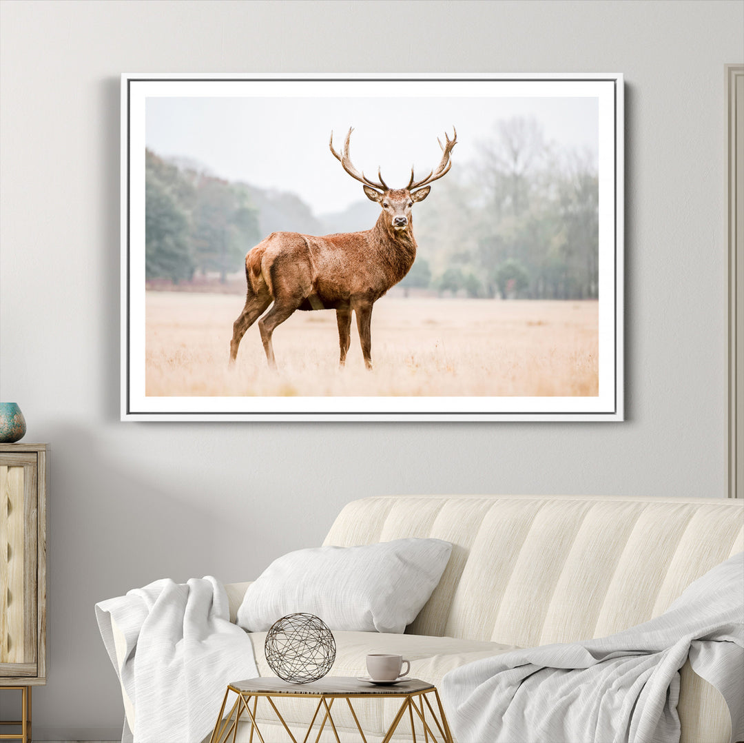 Vintage Wildlife Canvas Print, Framed Misty Landscape Art Picture Print, Deer Wall Art Perfect Rustic Wildlife Decor Artwork