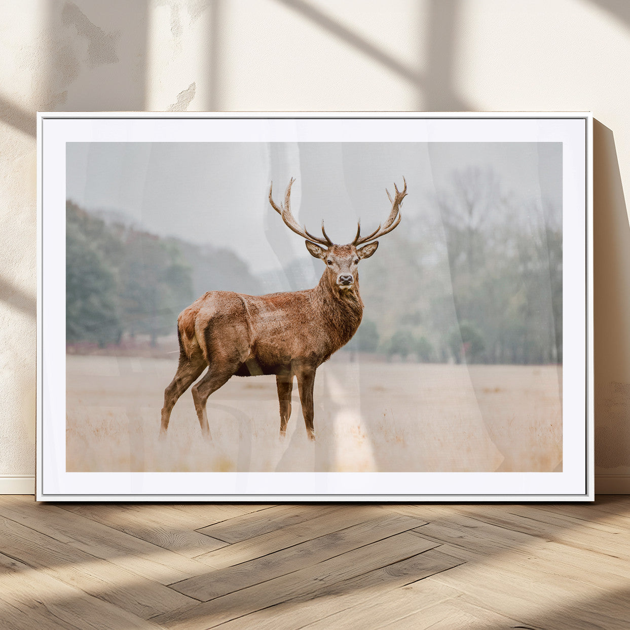 MGC-FP-36x24 - Vintage Wildlife Art Wall Art Canvas Print, Framed Misty Landscape Art Picture Print, Deer Wall Art Perfect Rustic Wildlife Decor Artwork