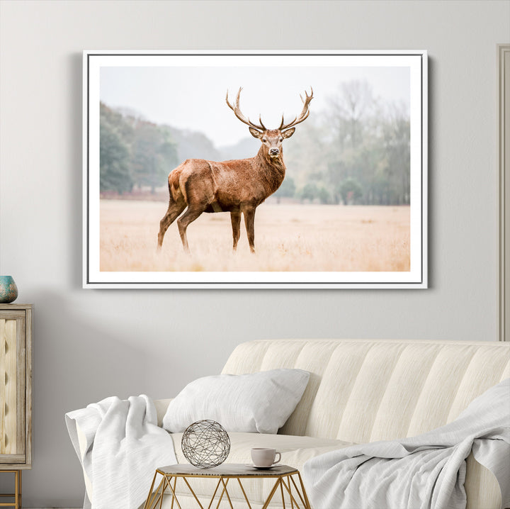 Vintage Wildlife Canvas Print, Framed Misty Landscape Art Picture Print, Deer Wall Art Perfect Rustic Wildlife Decor Artwork