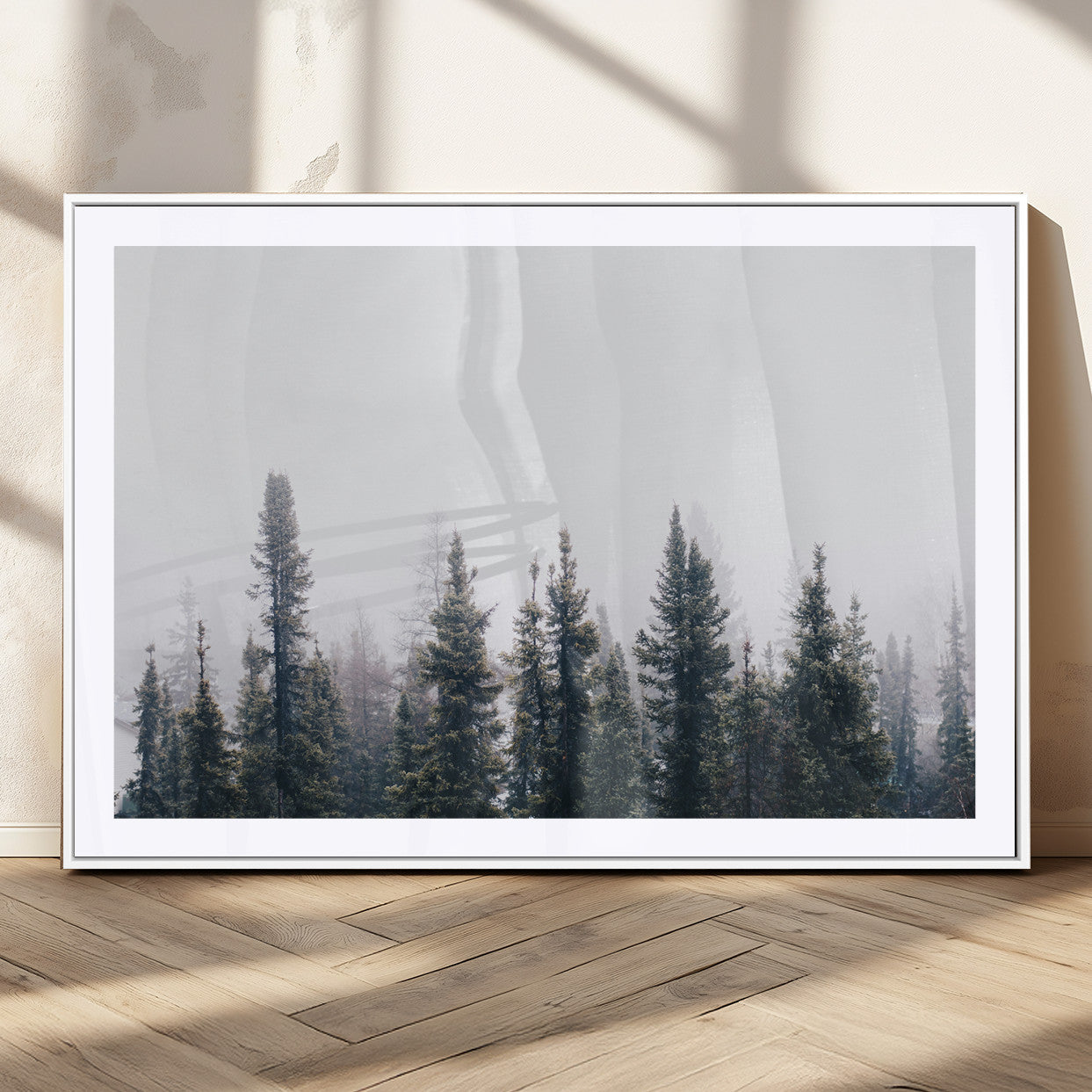 MGC-FP-36x24 - Foggy Forest Wall Art Canvas Print, Framed Misty Pines Art Picture Print, Moody Woodland Perfect Scandinavian Minimalist Decor Artwork