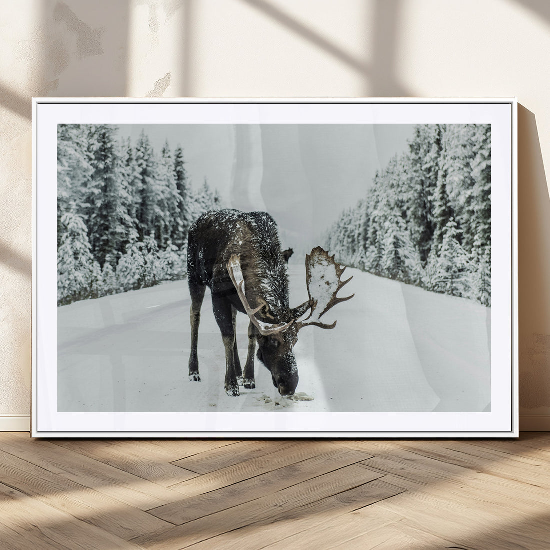 Moose in Snow Wall Art Canvas Print, Framed Winter Wildlife Art, Snowy Forest Rustic Lodge Decor