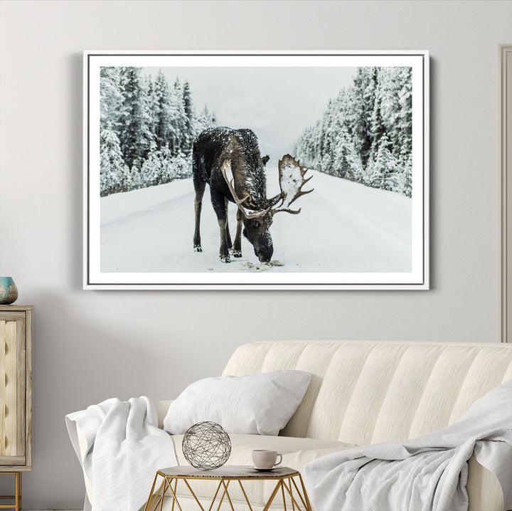 Moose in Snow Wall Art Canvas Print, Framed Winter Wildlife Art Picture Print, Snowy Forest Scene Perfect Rustic Lodge Decor Artwork