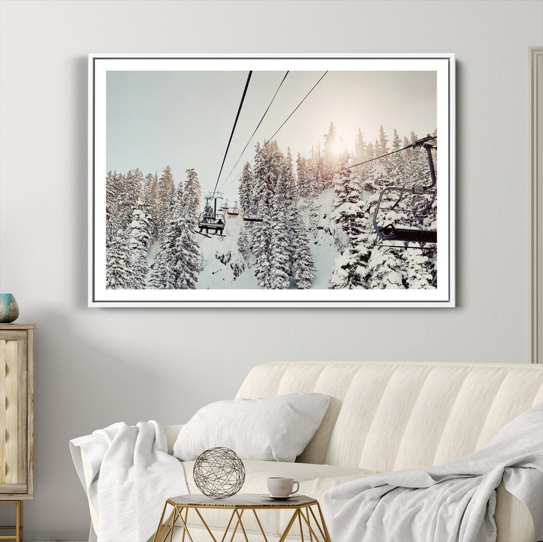 91534512-MGC-FP-36x24_White-Frosty Pines Wall Art Canvas Print, Framed Cozy Cabin View Art Picture Print, Ski Lift Ride Perfect Rustic Lodge Decor Artwork