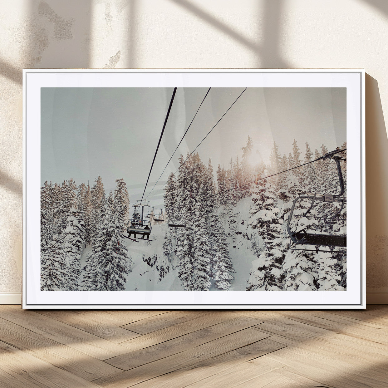 MGC-FP-36x24 - Frosty Pines Wall Art Canvas Print, Framed Cozy Cabin View Art Picture Print, Ski Lift Ride Perfect Rustic Lodge Decor Artwork