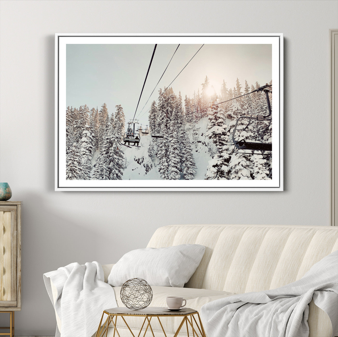 91534512-MGC-FP-36x24_White-Frosty Pines Wall Art Canvas Print, Framed Cozy Cabin View Art Picture Print, Ski Lift Ride Perfect Rustic Lodge Decor Artwork