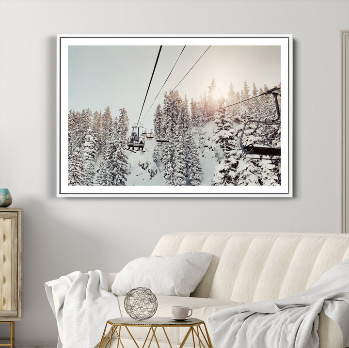 91534512-MGC-FP-36x24_White-Frosty Pines Wall Art Canvas Print, Framed Cozy Cabin View Art Picture Print, Ski Lift Ride Perfect Rustic Lodge Decor Artwork