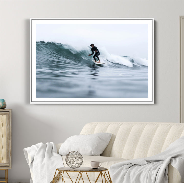 Surfer on Wave Wall Art Canvas Print, Ocean Adventure Print, Framed Motion Blur Water Art Print, Large Deep Blue Surf Printing