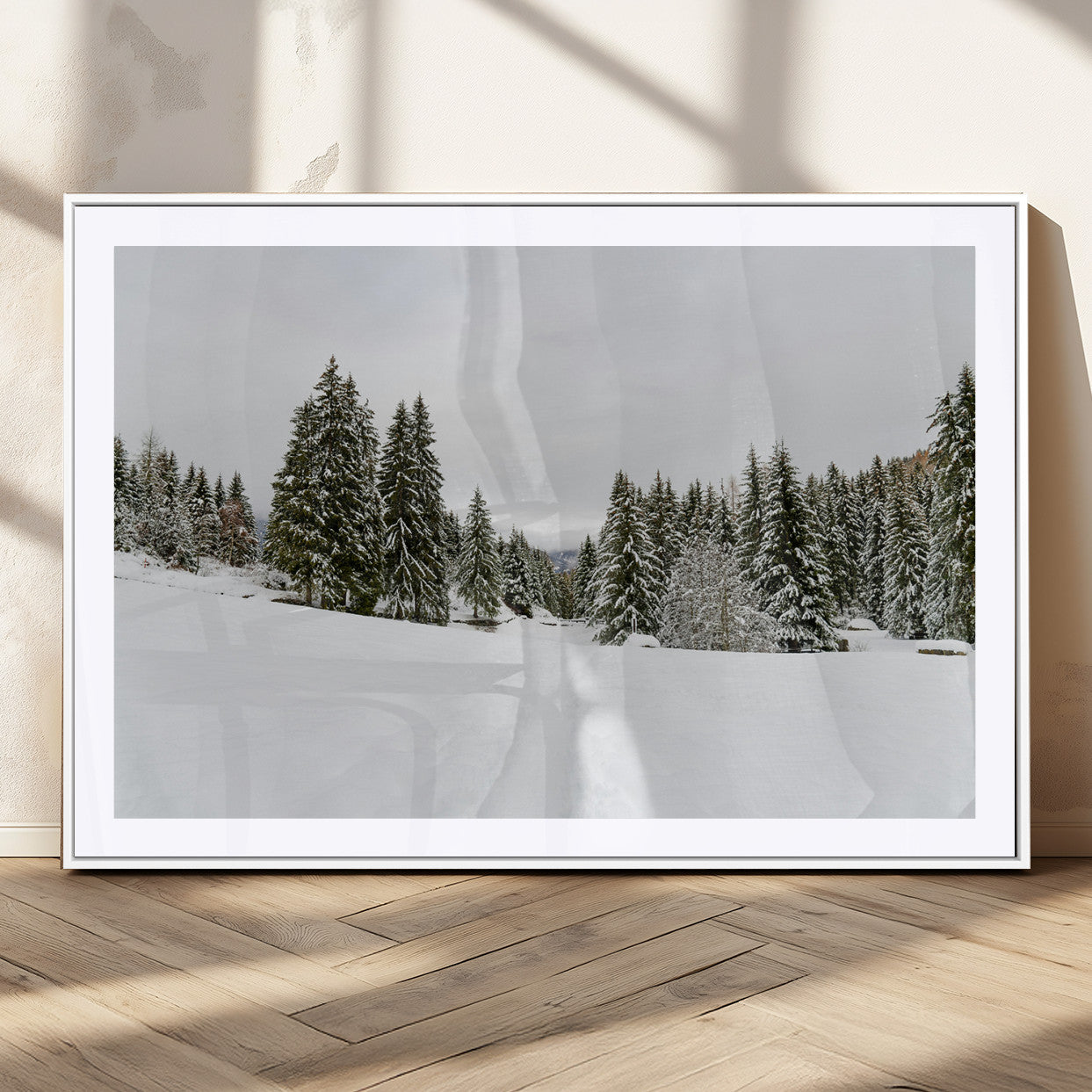 MGC-FP-36x24 - Frosty Pines Wall Art Canvas Print, Framed Silent Snowfall Art Picture Print, Cozy Cabin Vibes Perfect Nordic Minimalist Decor Artwork