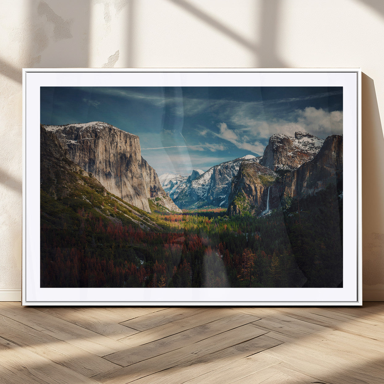 Framed canvas print of Yosemite National Park, featuring El Capitan and a scenic waterfall, ideal for rustic farmhouse or adventure-themed home decor.