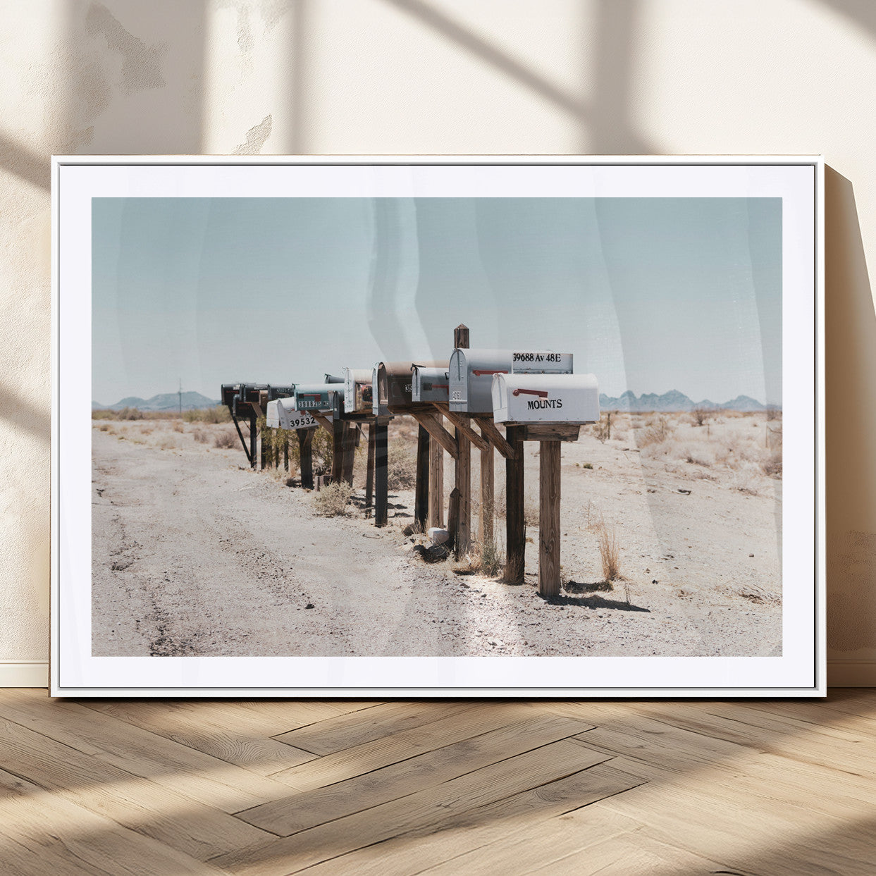 MGC-FP-36x24 - Desert Mailboxes Canvas Print – Minimal Western Landscape Photography, Rustic Americana Wall Art for